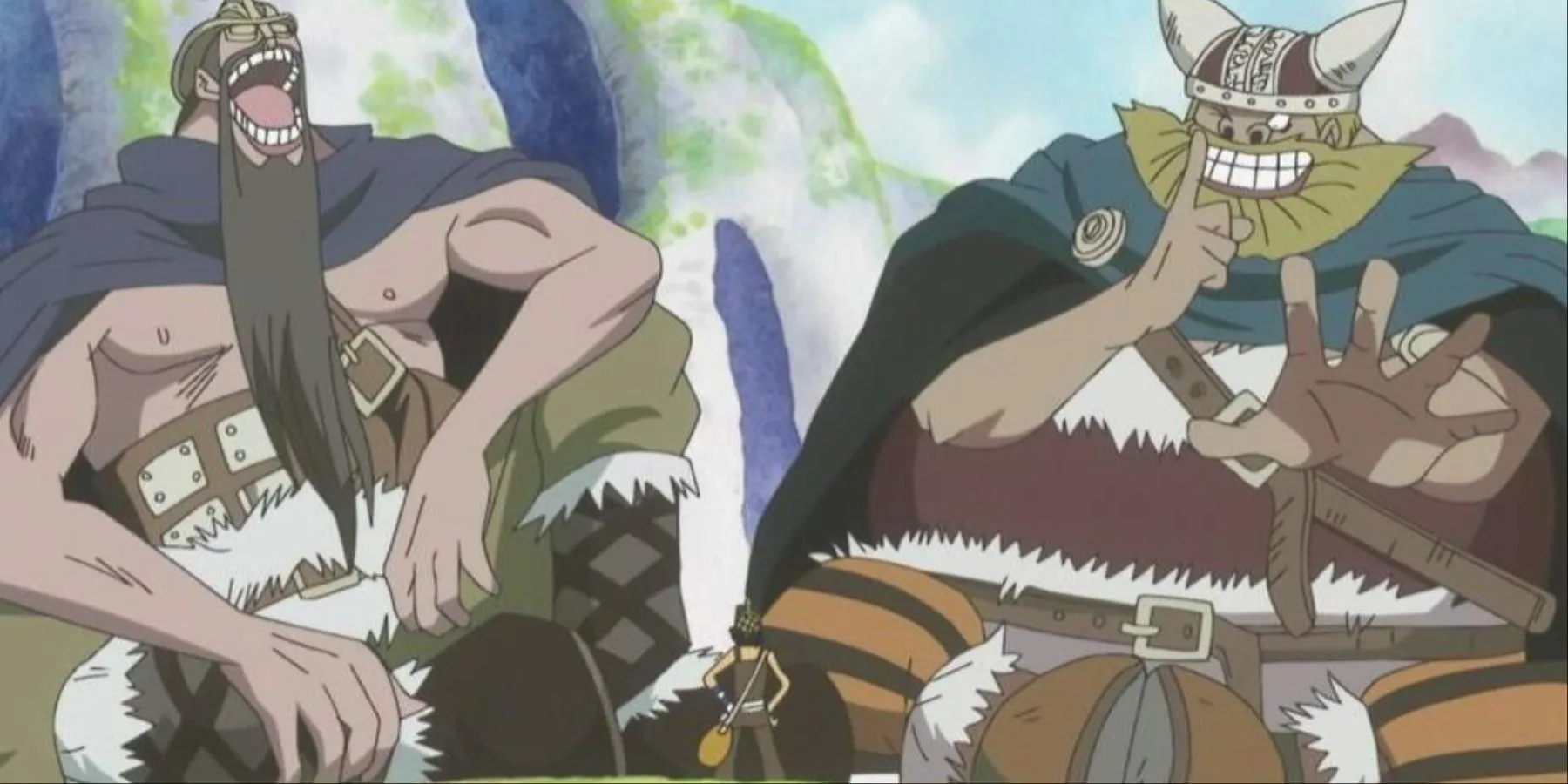 Dorry e Brogy condividono una risata con Usop in One Piece