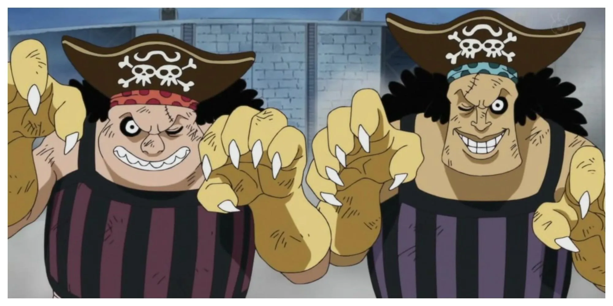 The Decalvan Brothers, two pirates, each with an eye stitched shut and claw gloves.