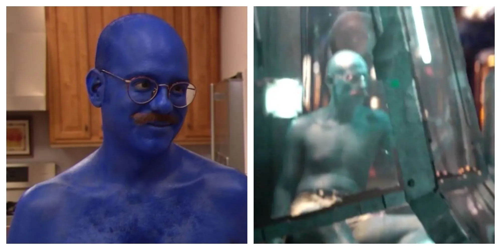 David Cross dans le rôle de Tobias Funke recouvert de peinture bleue ; le personnage apparaît dans Infinity War, mais joué par un figurant anonyme