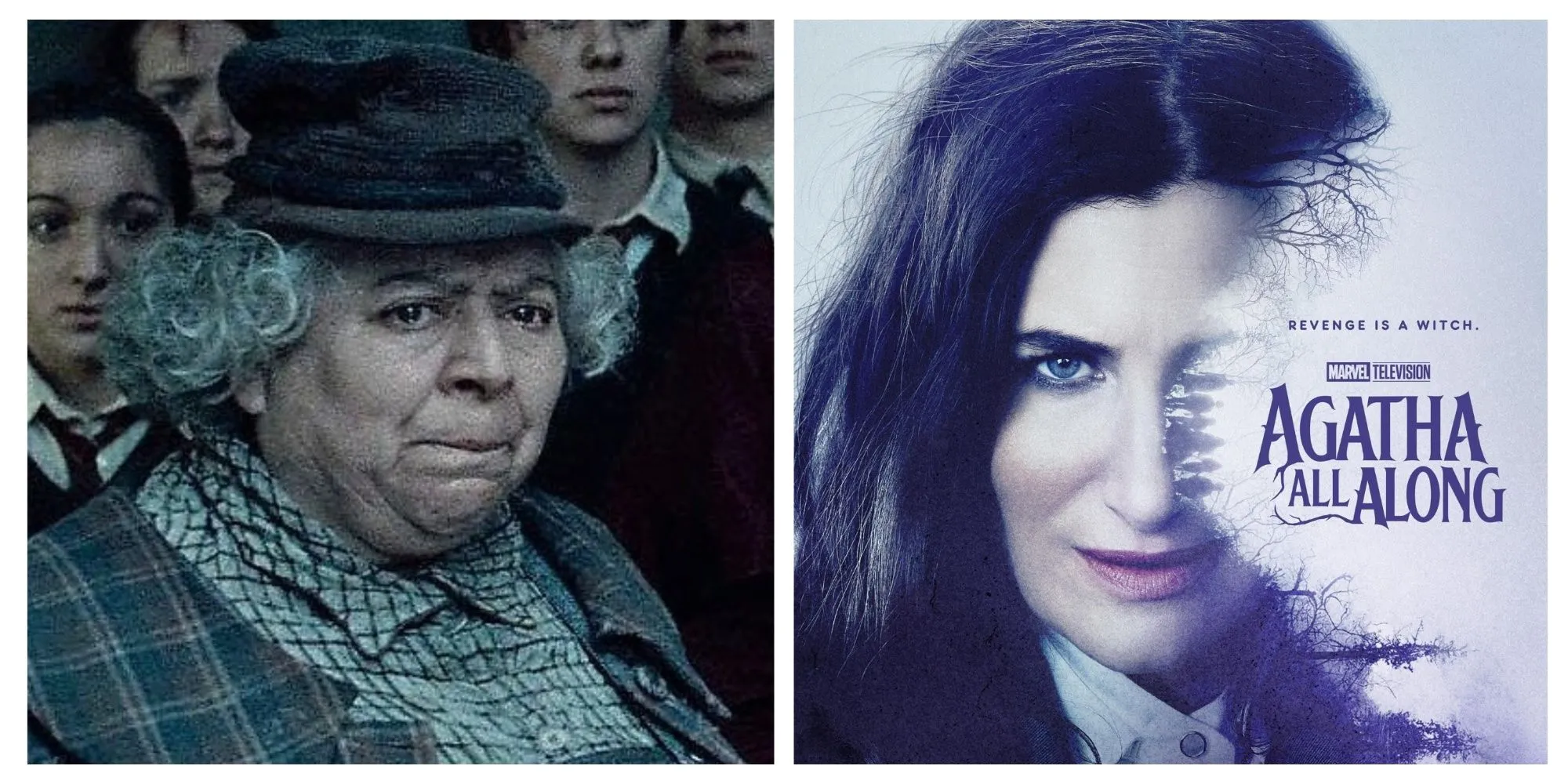 Miriam Margoyles como Pomona Sprout, una imagen promocional de Kathryn Hahn como el personaje principal en Agatha All Along