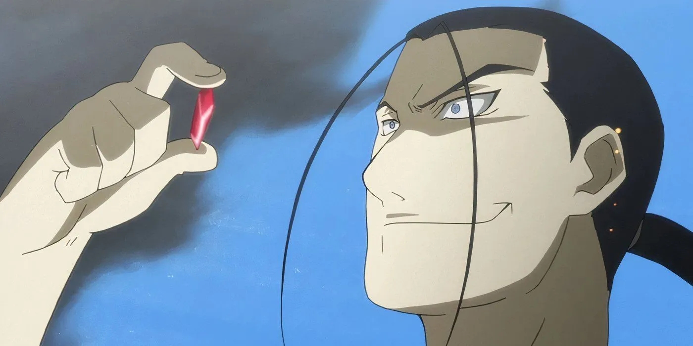 Kimblee tomando posse de uma pedra filosofal em Full Metal Alchemist Brotherhood