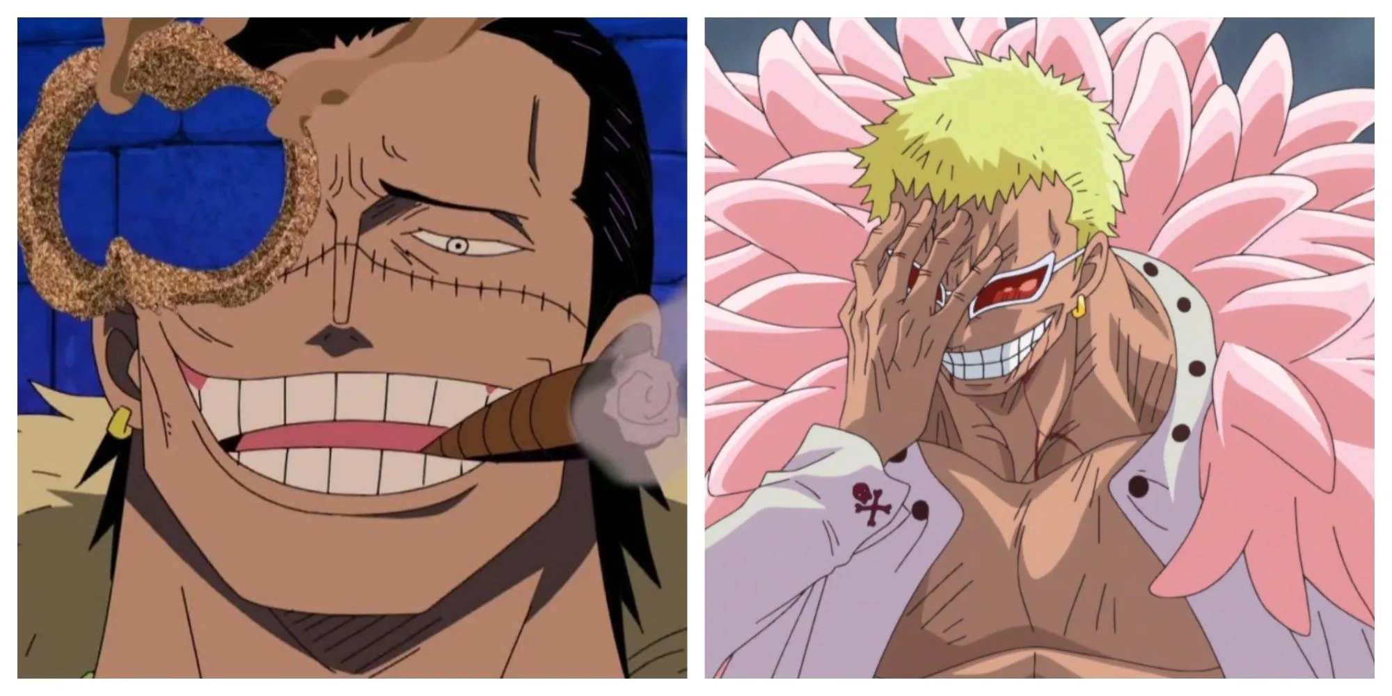 Cocodrilo sonriendo y fumando; Doflamingo dispuesto a reír