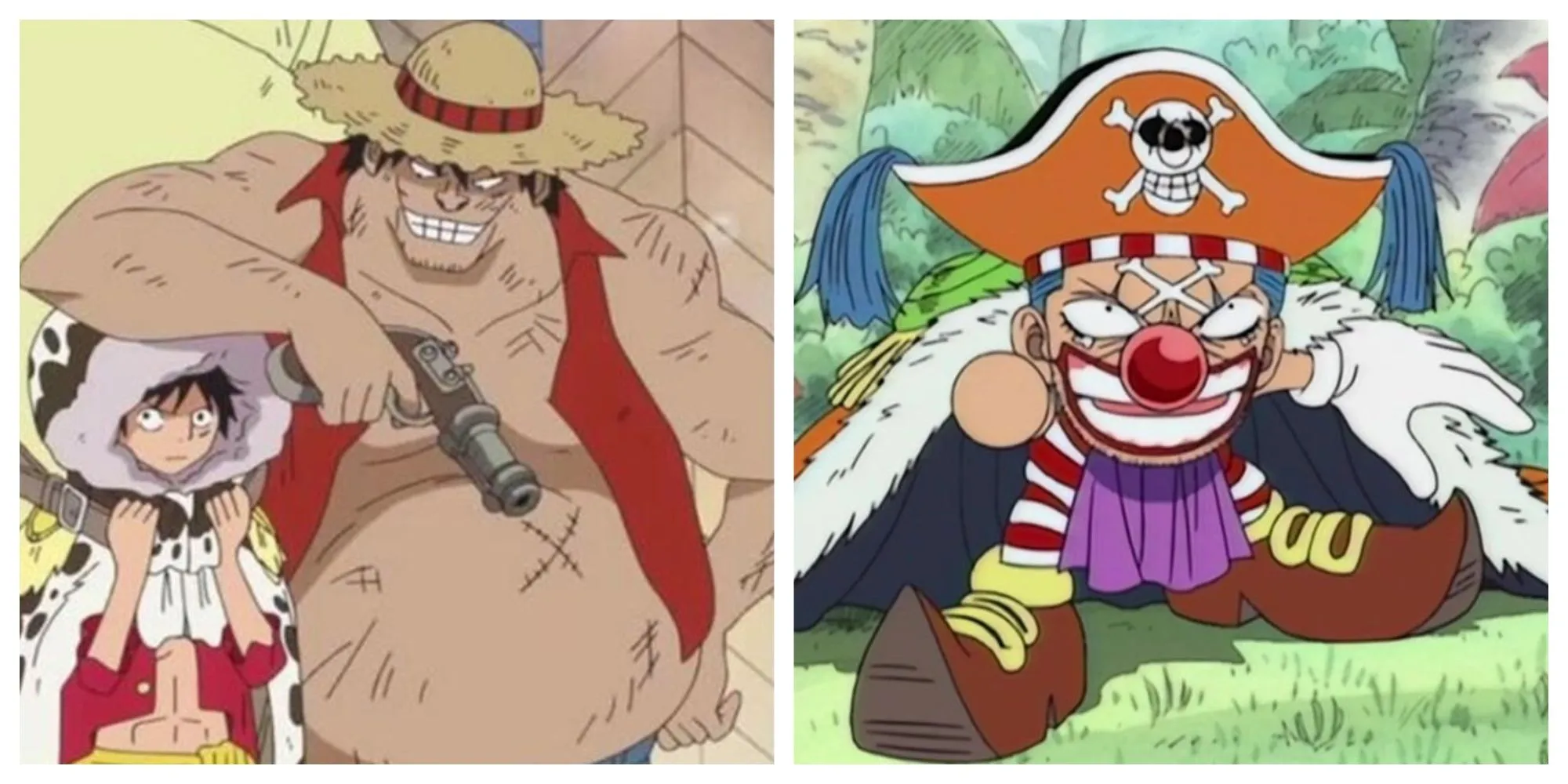 Demalo confronting Luffy, unaware of his true identity; Buggy diminished in size