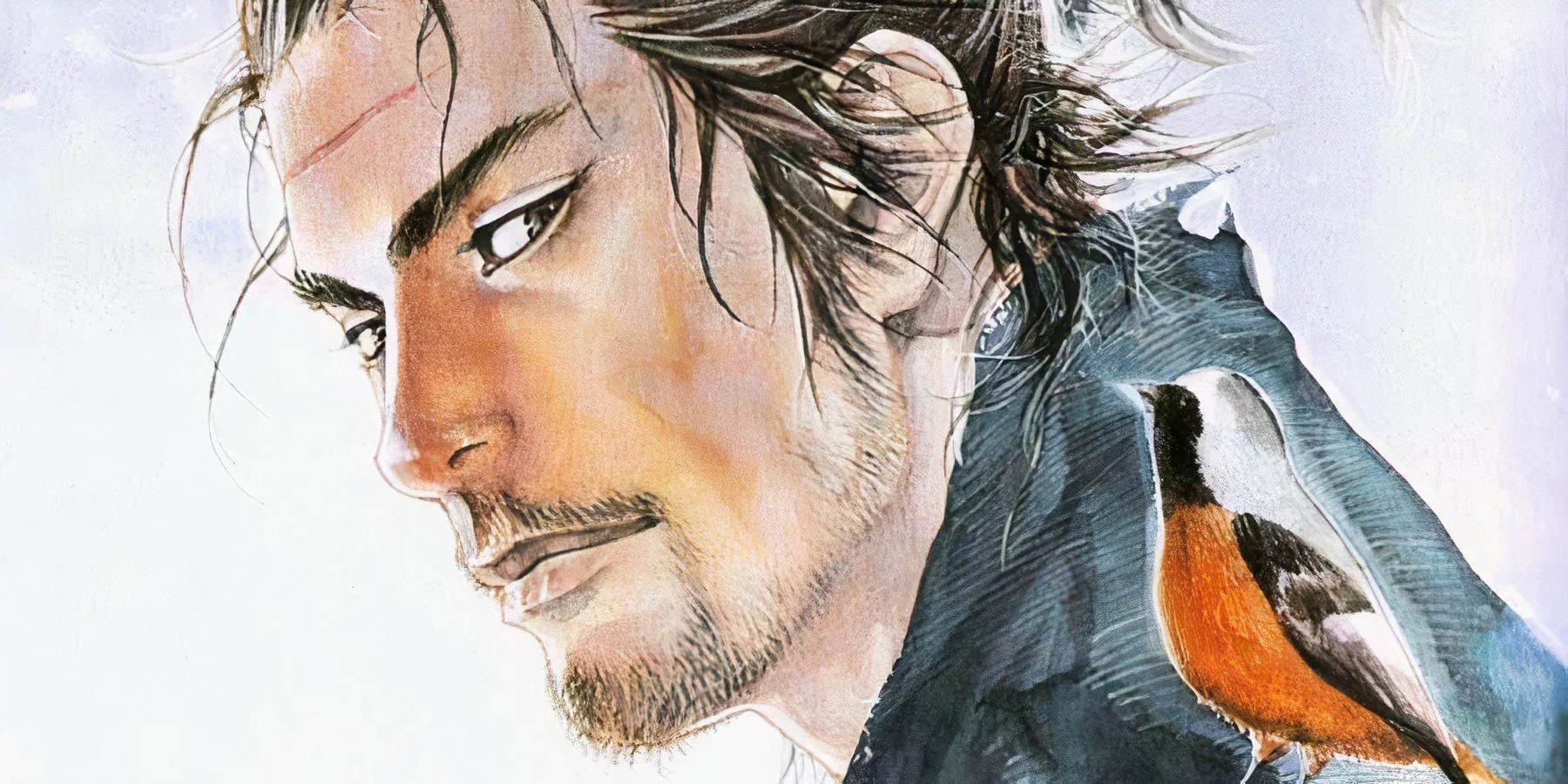 Cover of Vagabond depicting Musashi with a sparrow on his shoulder.