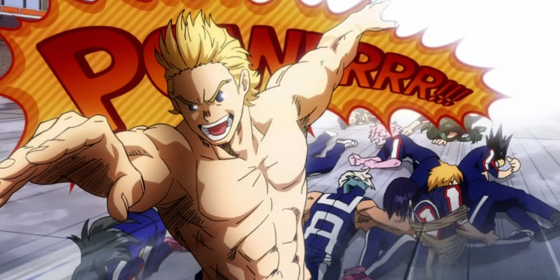 Mirio derrotando membros da Classe 1-A com sua individualidade de permeação em My Hero Academia