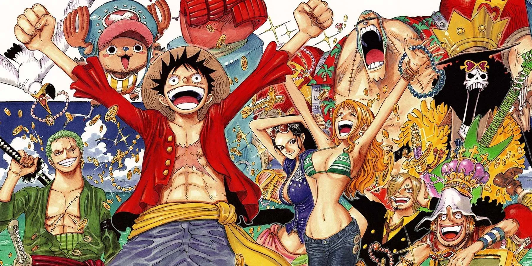 Os Chapéus de Palha comemorando em One Piece