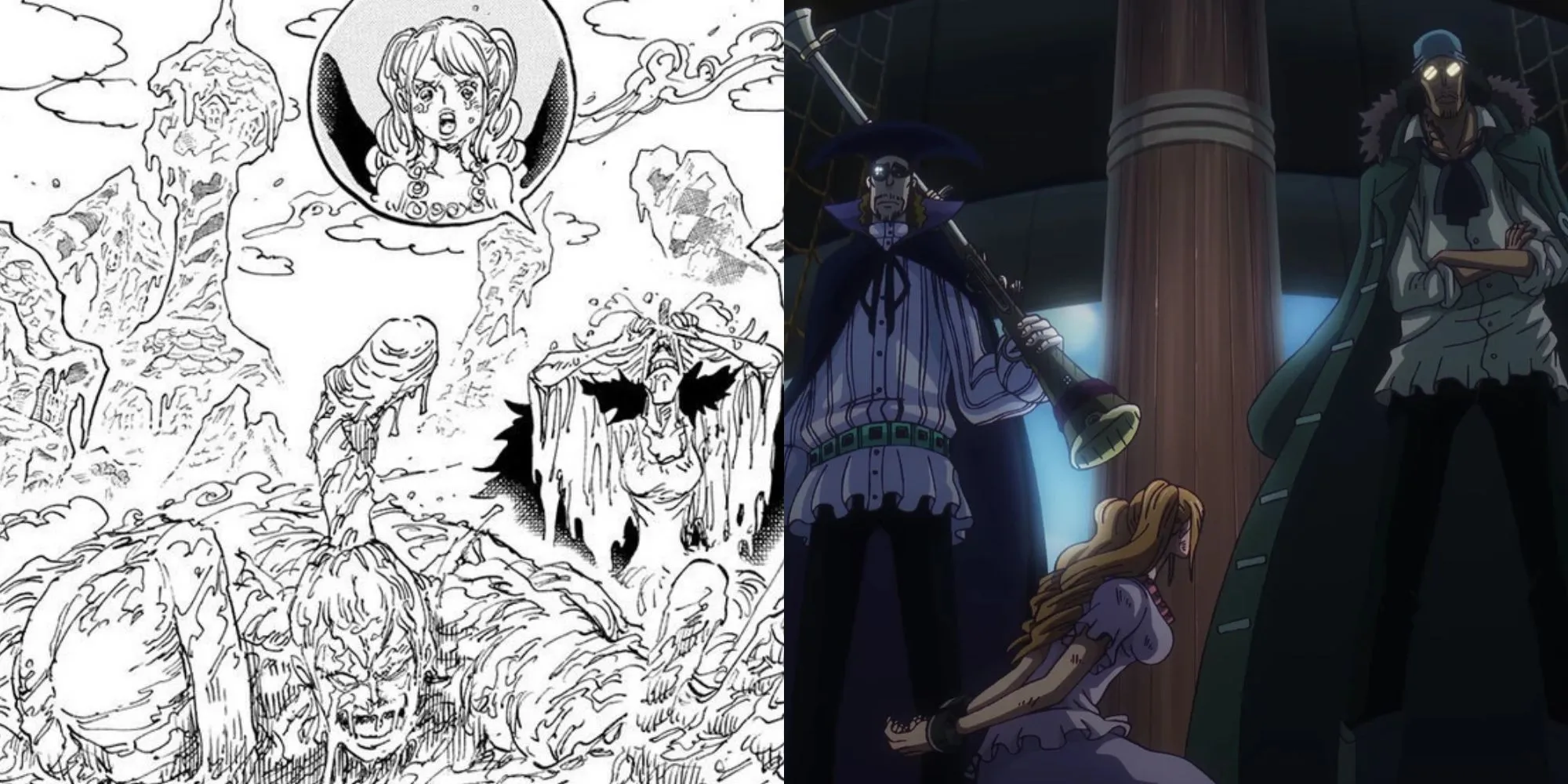 Pudding is seized from Whole Cake Island in the manga; Pudding confronts Van Augur and Kuzan in the anime.