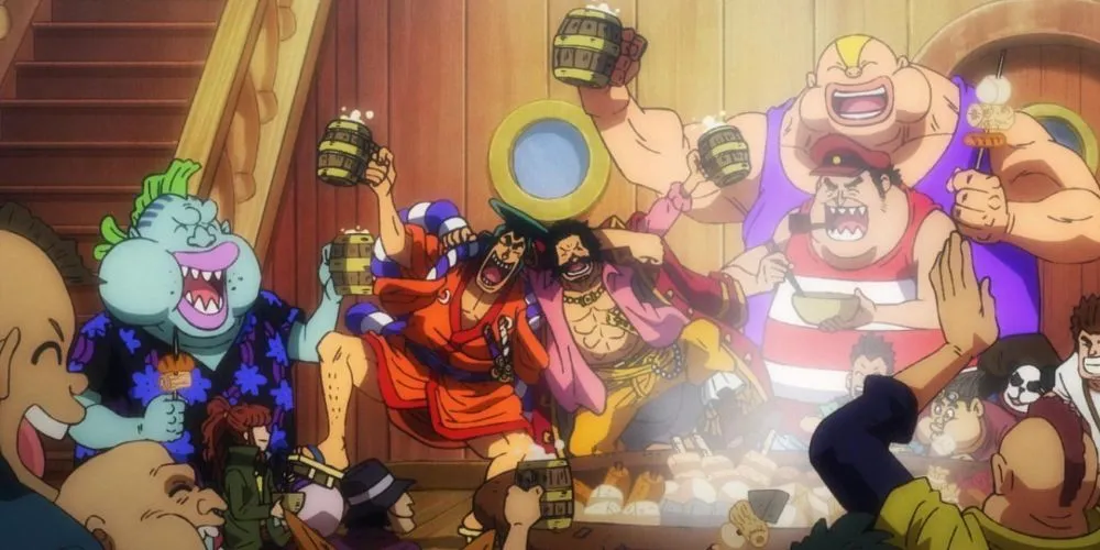 Gol D. Roger comemorando com Kozuki Oden e sua equipe na série One Piece.