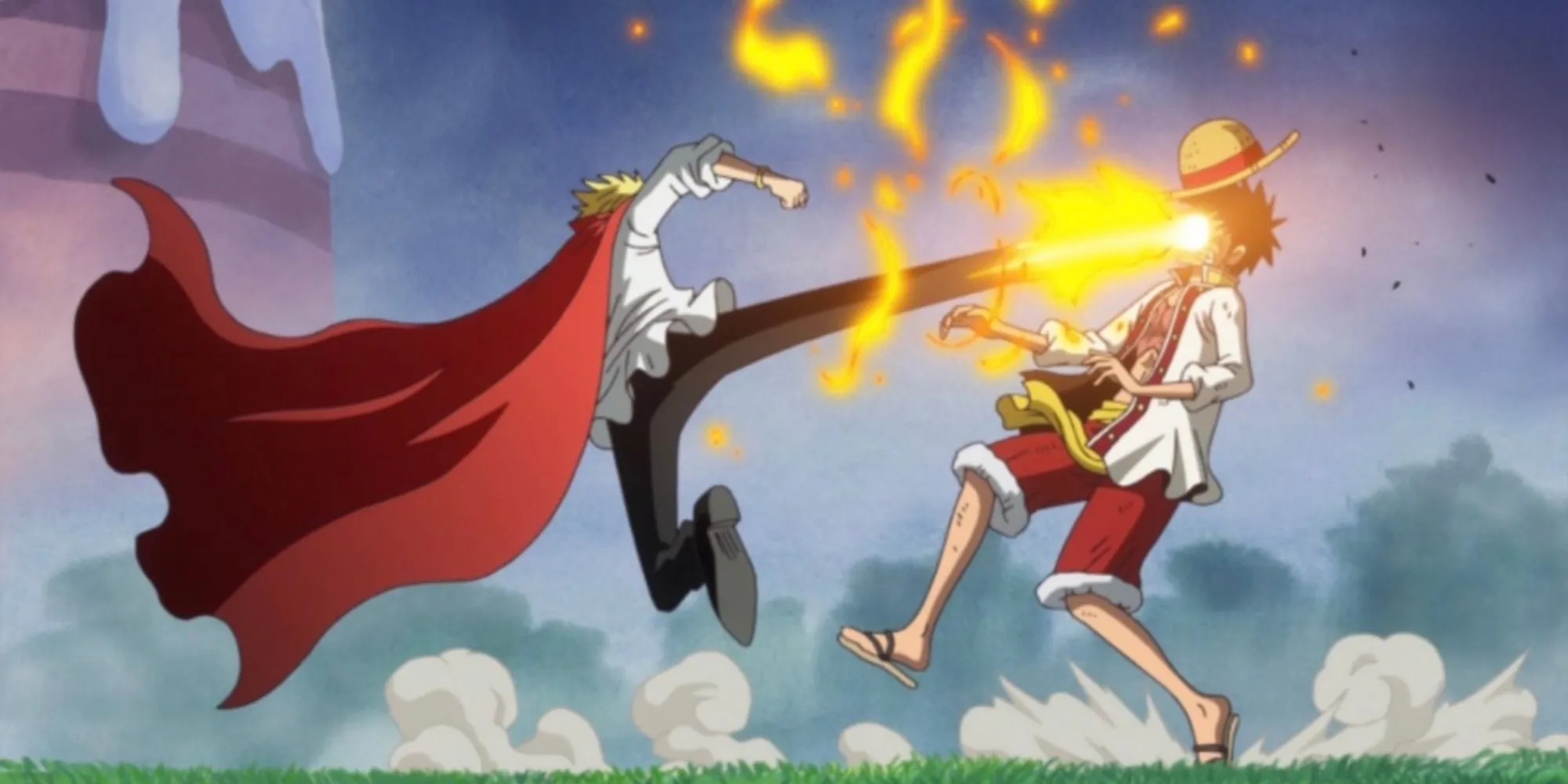 Sanji delivers a kick to Luffy using Diable Jambe.