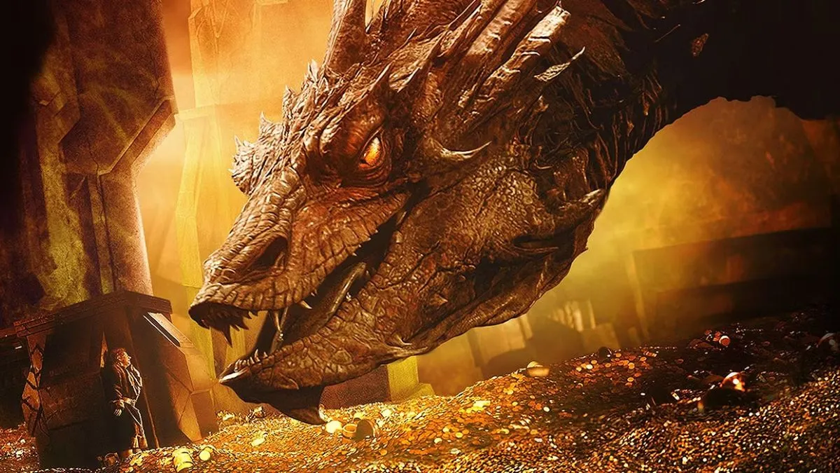 Smaug conversa con Bilbo ne Lo Hobbit.