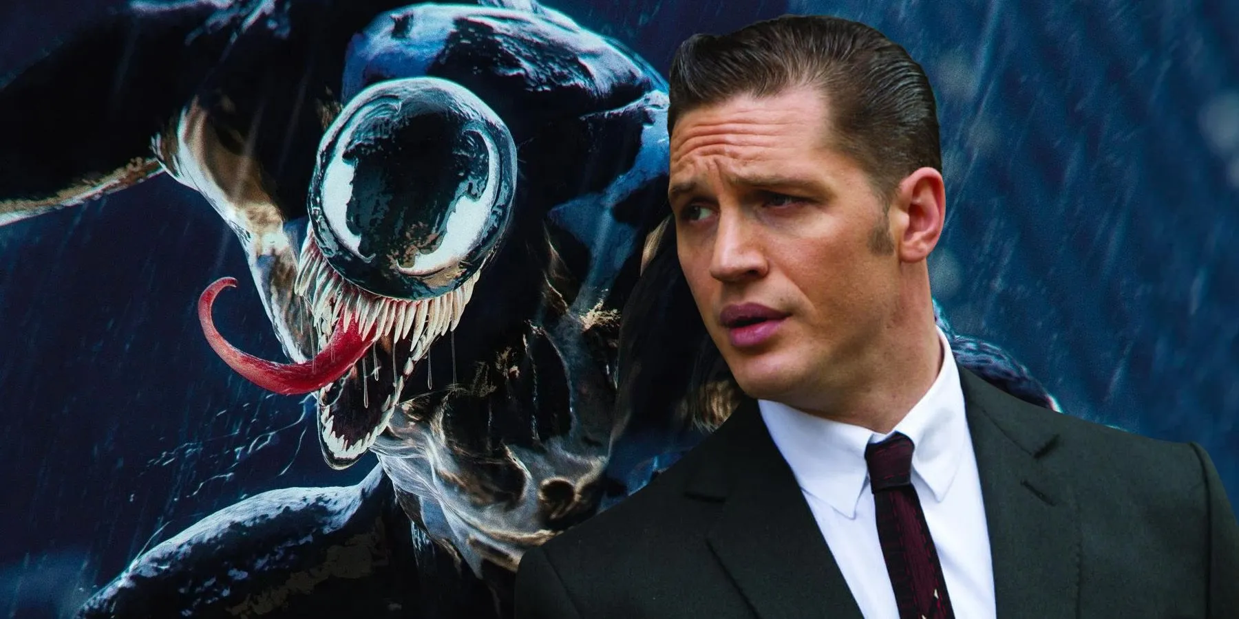 A promotional image featuring Venom from Marvel's Spider-Man 2, alongside Tom Hardy in character.