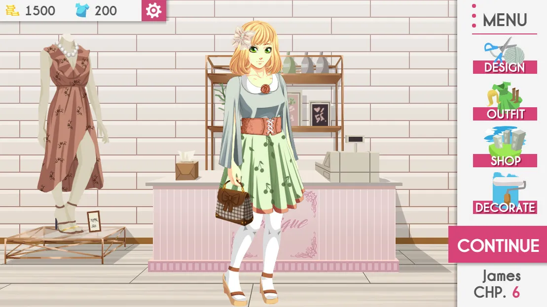 The main menu of Tailor Tales featuring a custom character