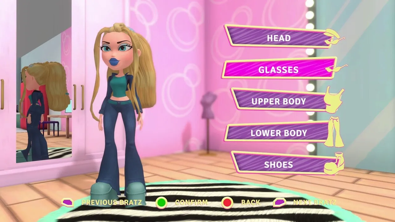 A scene from Bratz: Flaunt Your Fashion where Cloe is being customized