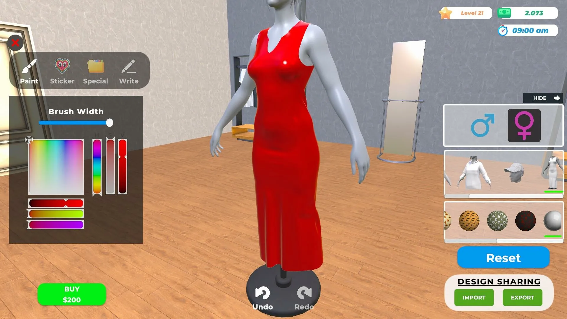 A screenshot from Clothing Store Simulator showing a custom-designed red gown