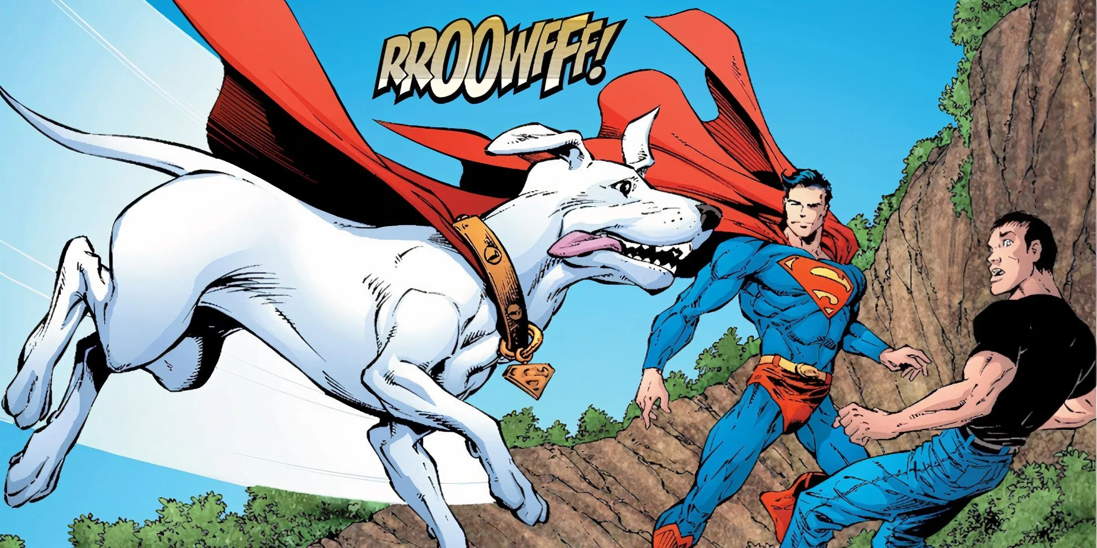 Krypto arrives in Smallville to reunite with Superboy and Superman.