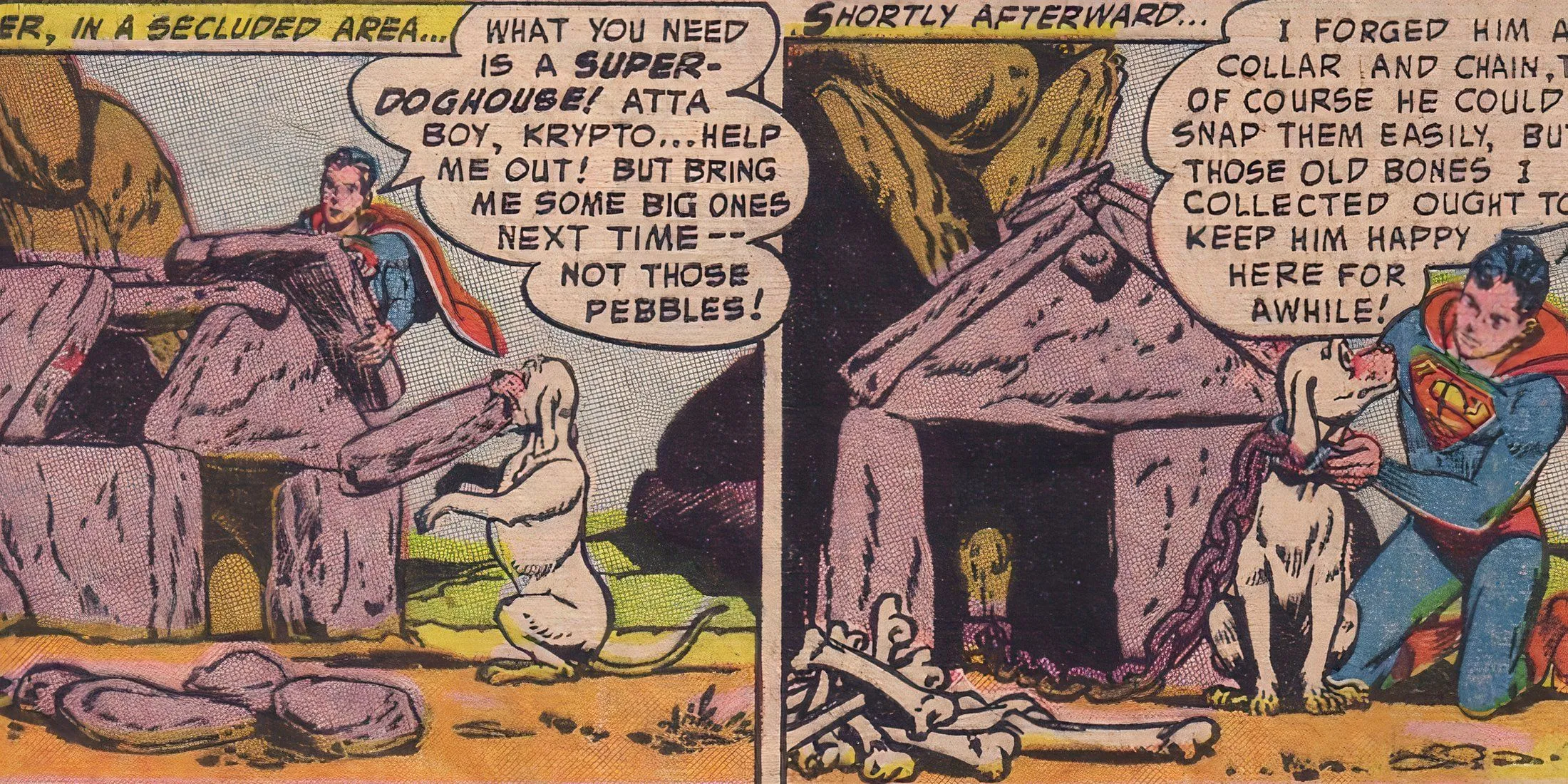 Superman and Krypto constructing Krypto's doghouse.