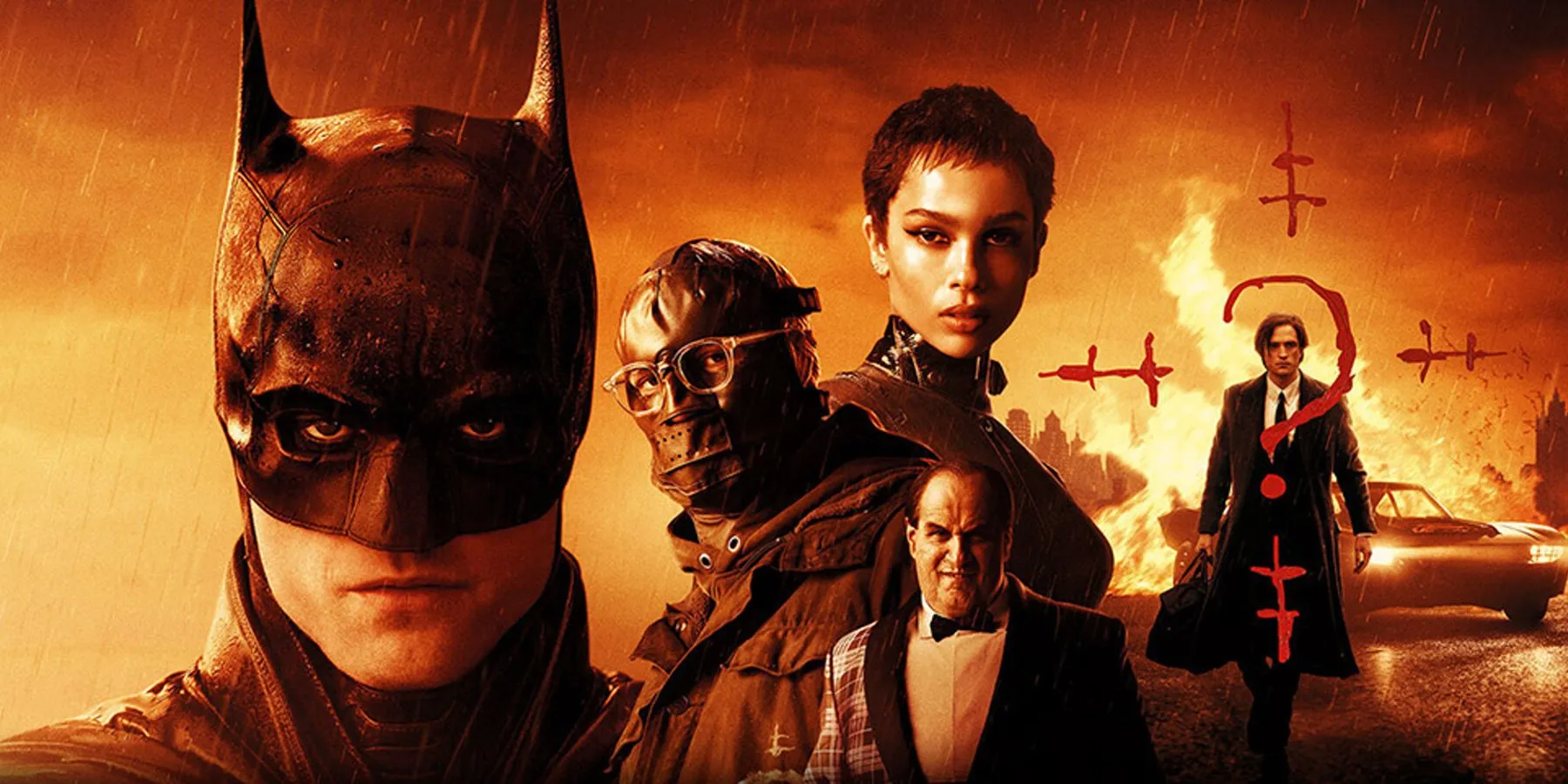 Das Batman-Filmplakat mit Robert Pattinson, Zoe Kravitz, Paul Dano und Colin Farrell