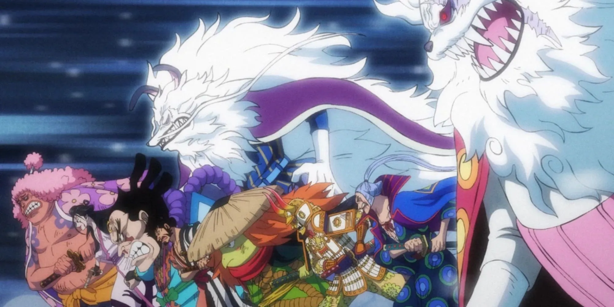 The Nine Red Scabbards confront Kaido.