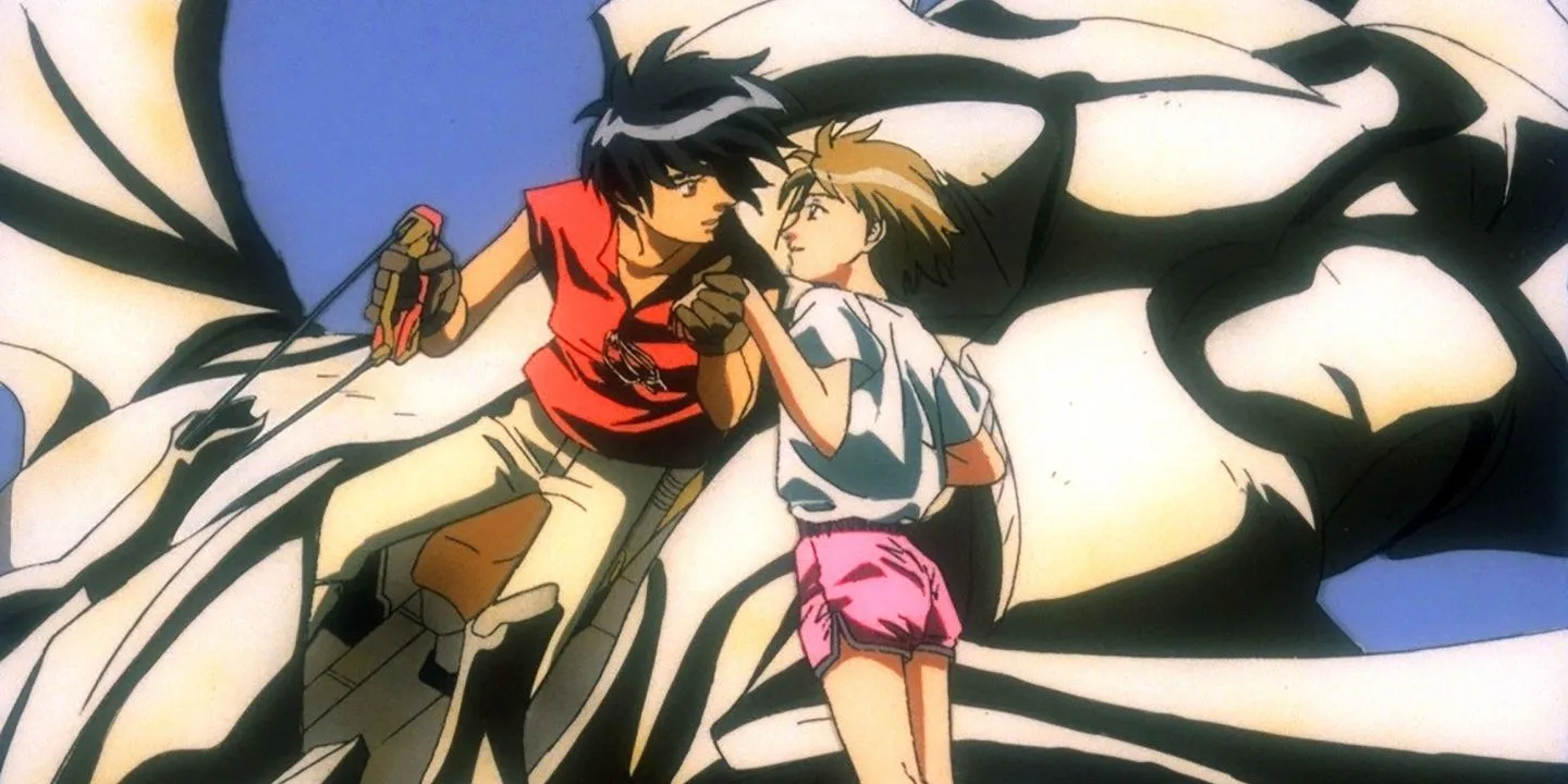 An image of Van and Hitomi about to get a kiss while on a spaceship