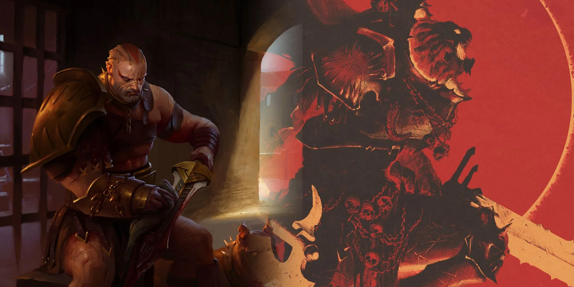 Warhammer 40k - Angron en su planeta natal como gladiador y Angron como príncipe demonio de Khorne