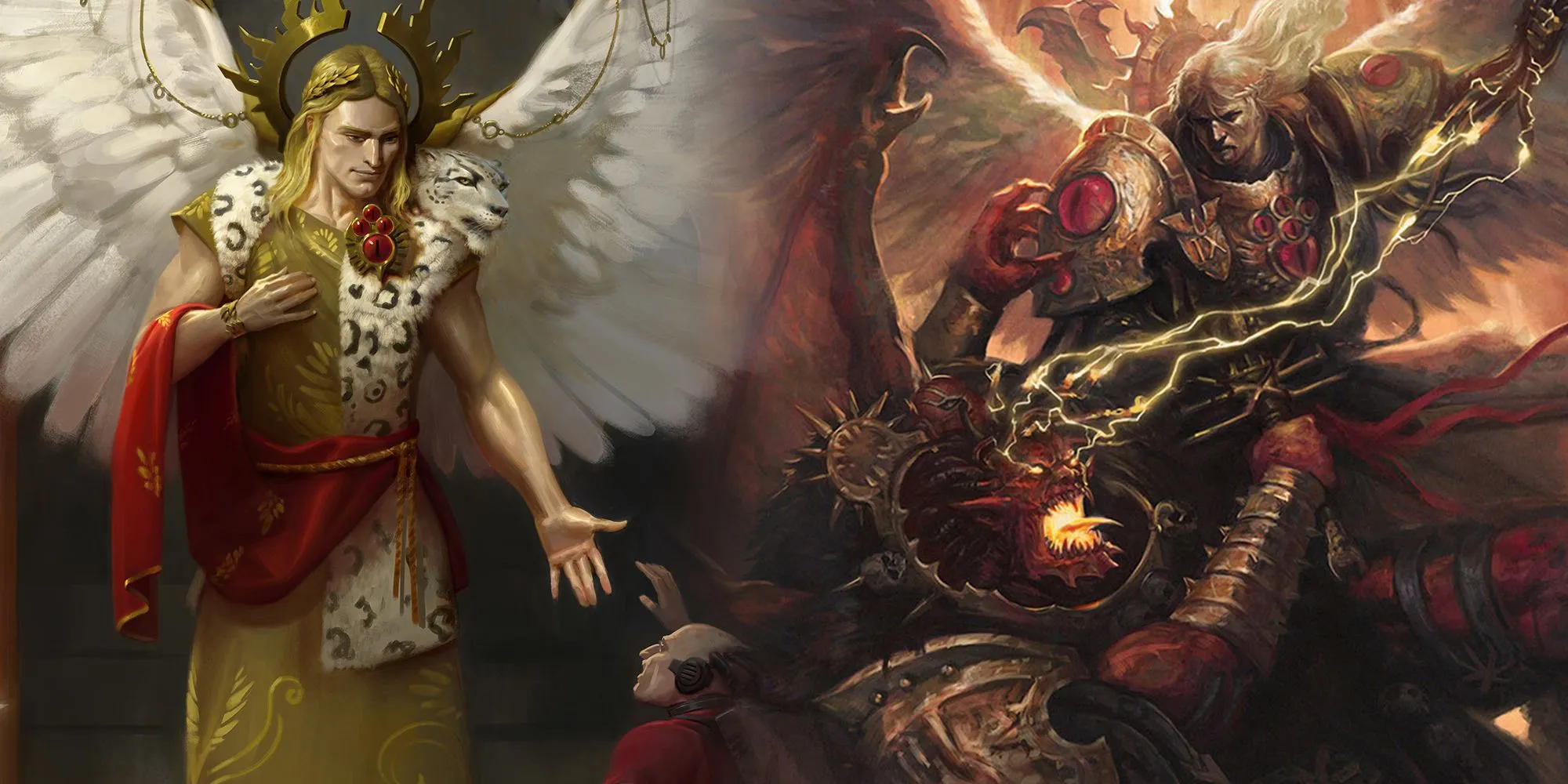 Warhammer 40k - Duas imagens de Sanguinius em combate e sem armadura