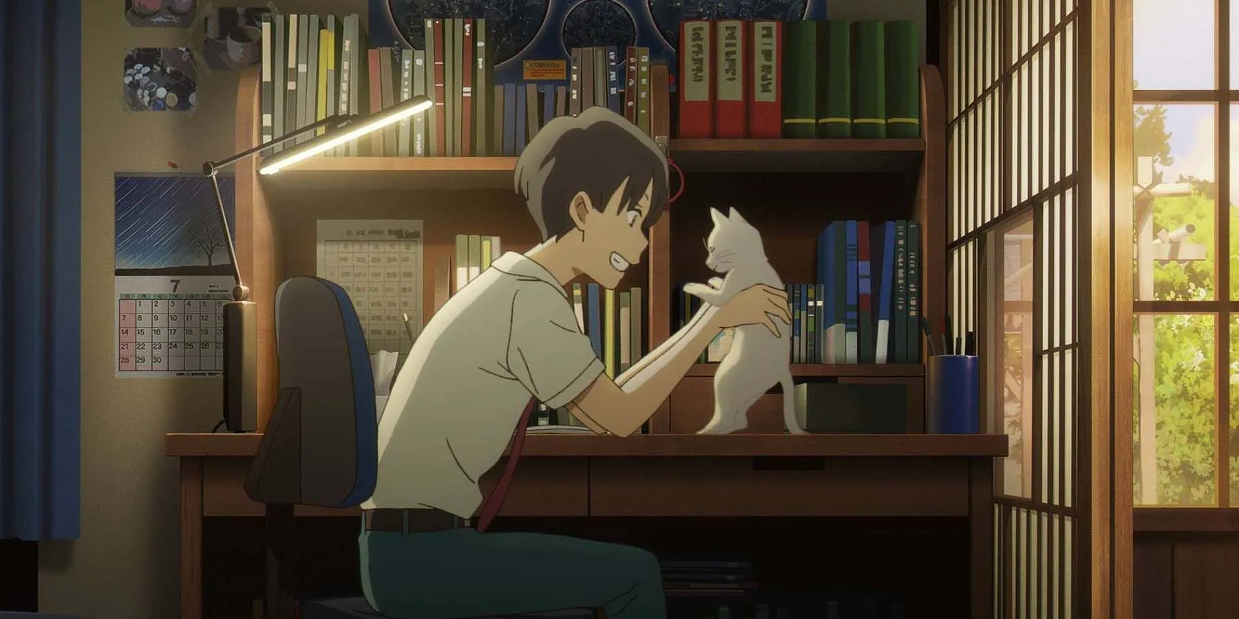 Kento tenant un chat dans l'anime A Whisker Away