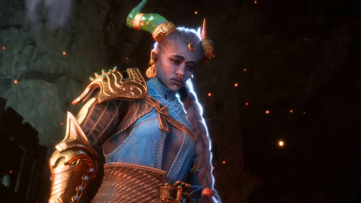 Taash en Dragon Age: The Veilguard, con aspecto contemplativo