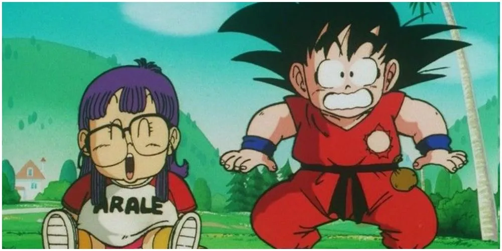 El joven Goku y Arale juntos.