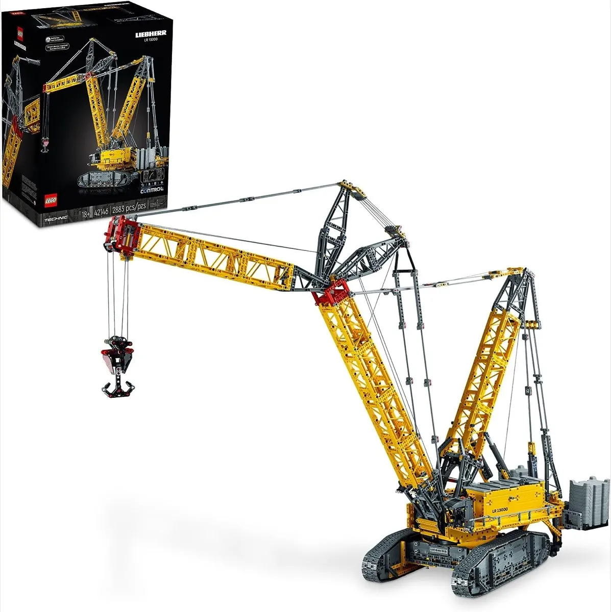 O modelo LEGO Liebherr Crawler Crane com caixa