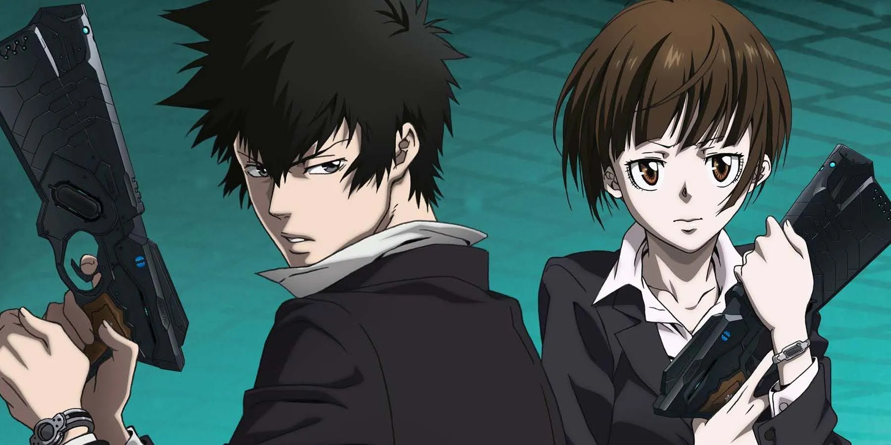 Akane and Kogami holding Dominators