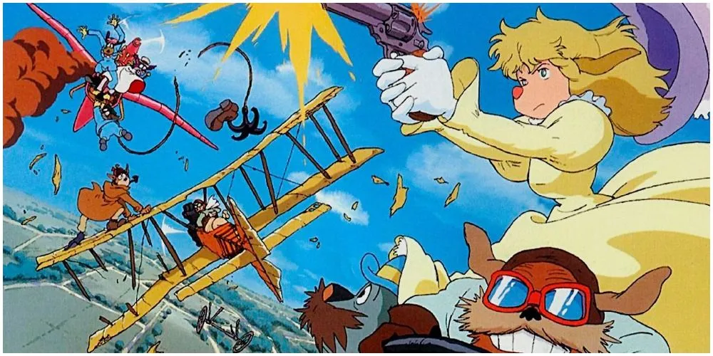 Sherlock Hound Varios animales antropomorfos en un avión luchan