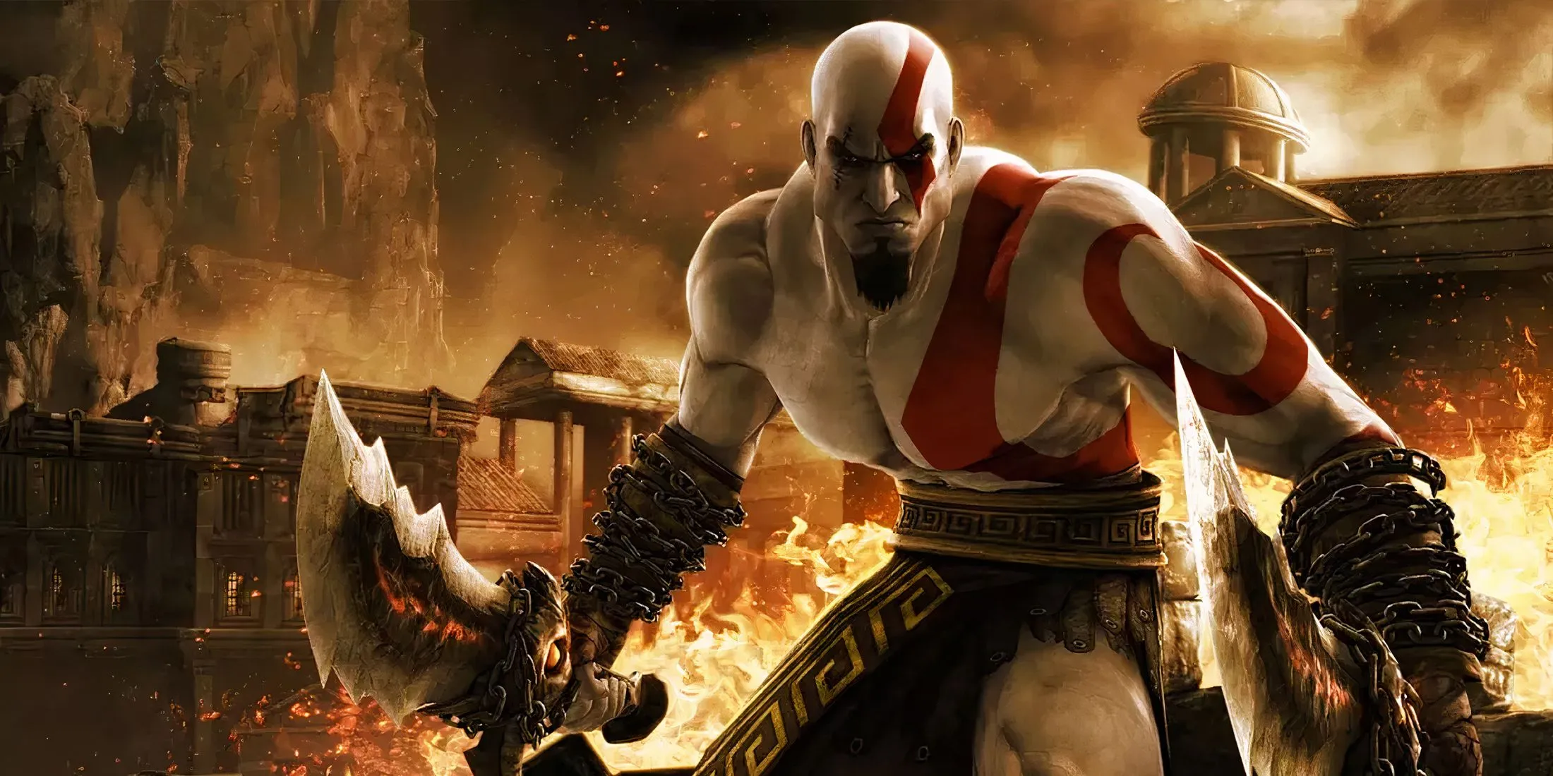 Kratos em uma cidade em chamas