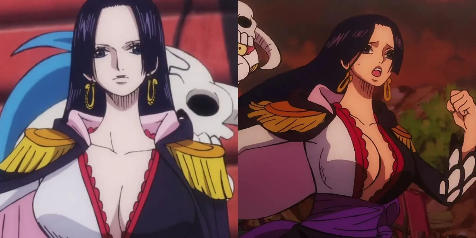 Os dois lados de Boa Hancock em One Piece Stampede, sério e romântico.