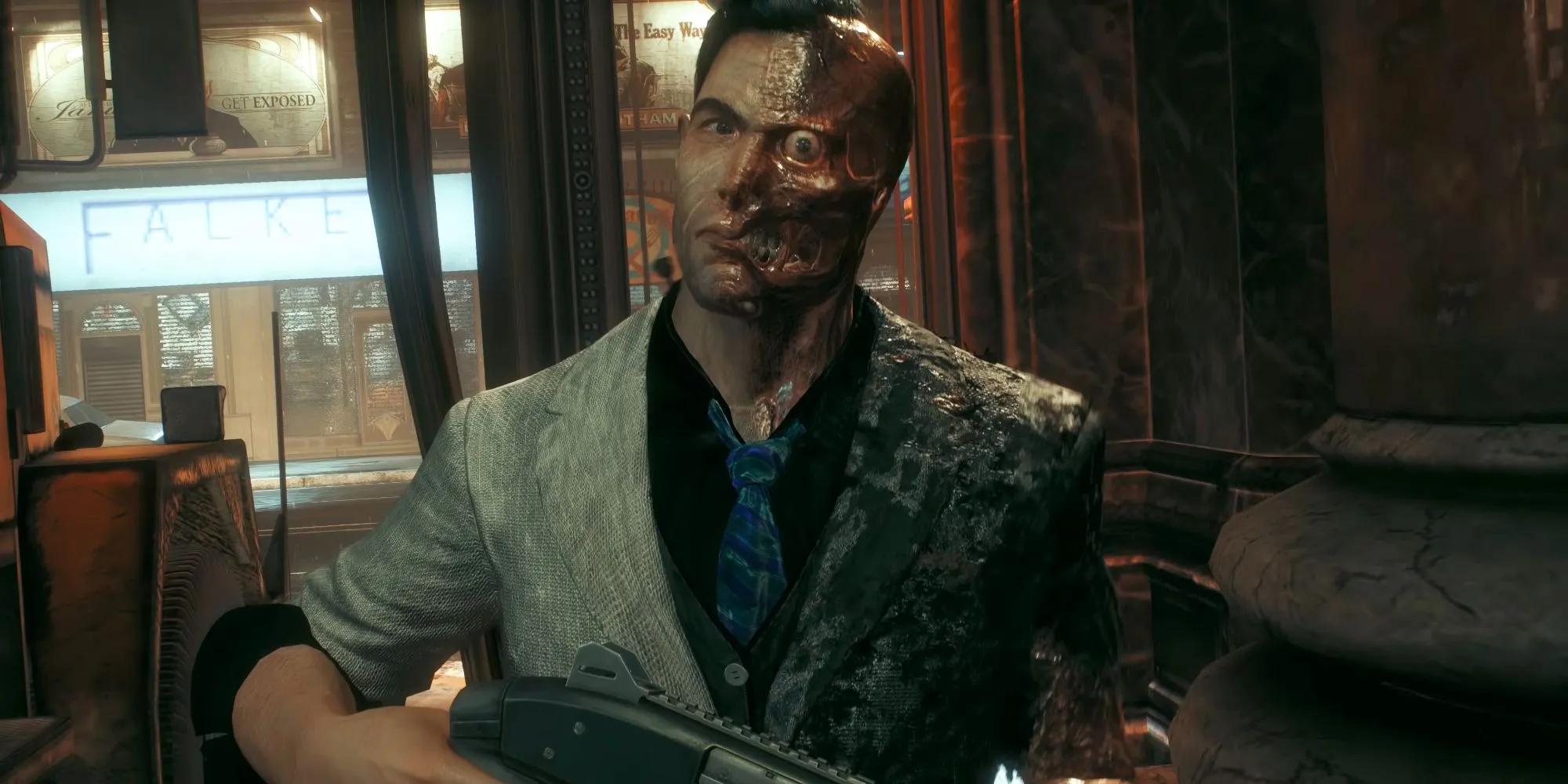 Two-Face wchodzi do banku w Batman: Arkham Knight