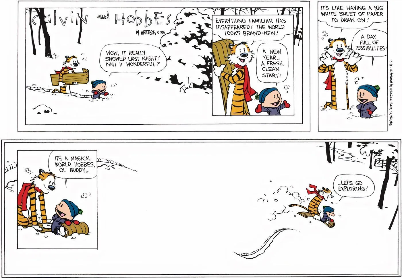 Calvin and Hobbes playing in the snow.