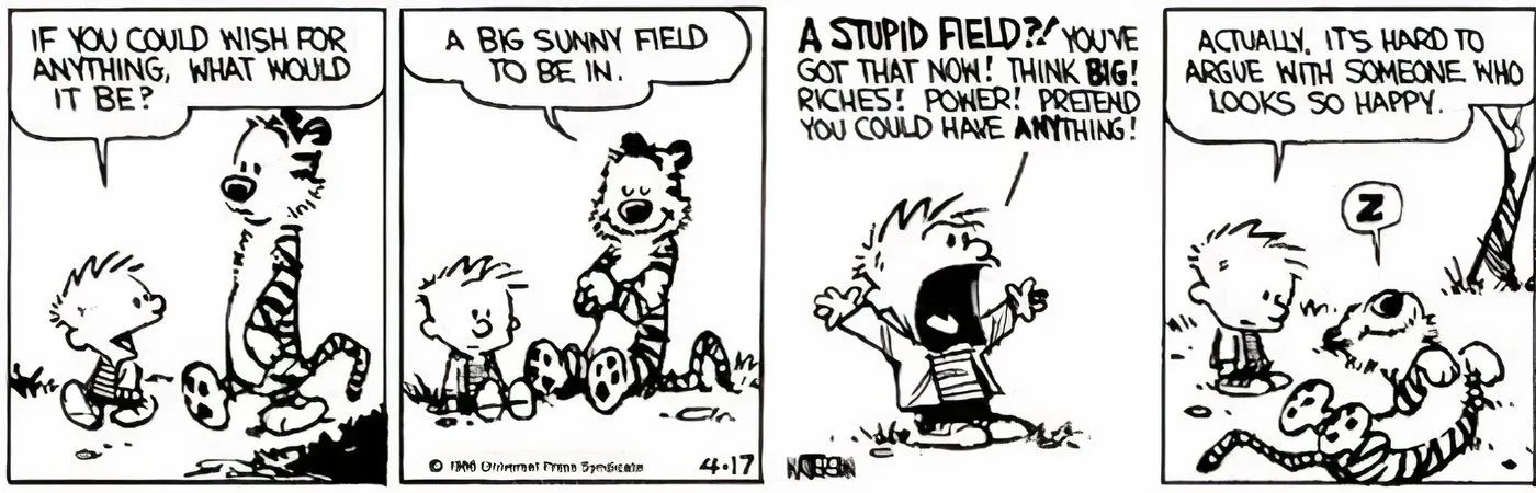 Calvin and Hobbes hanging out in a sunny field.