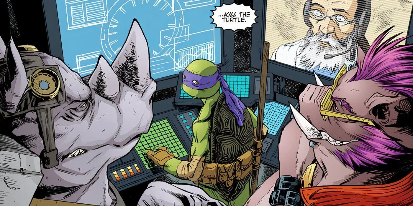 Bebop und Rocksteady überragen Donatello.