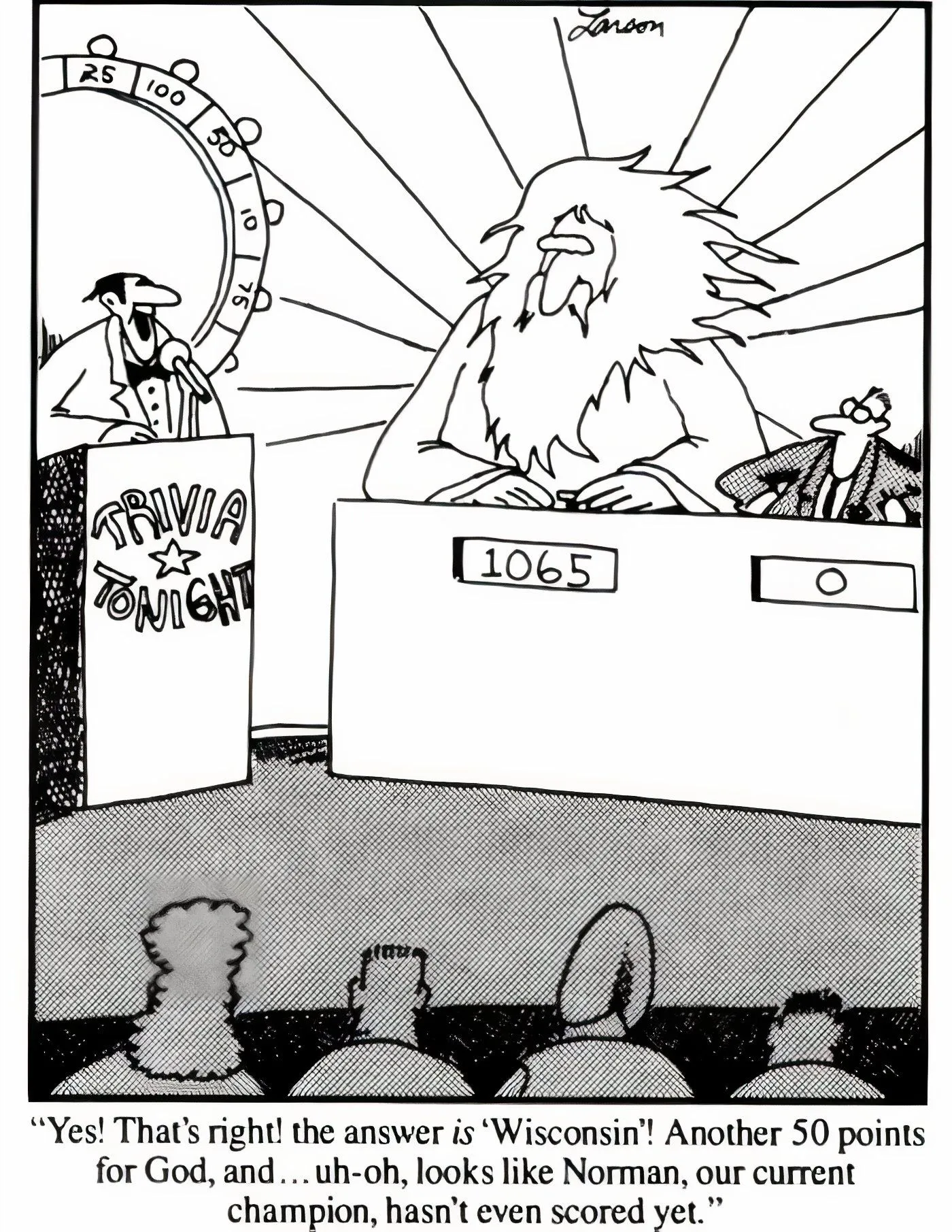 Dios compitiendo en un concurso en The Far Side.