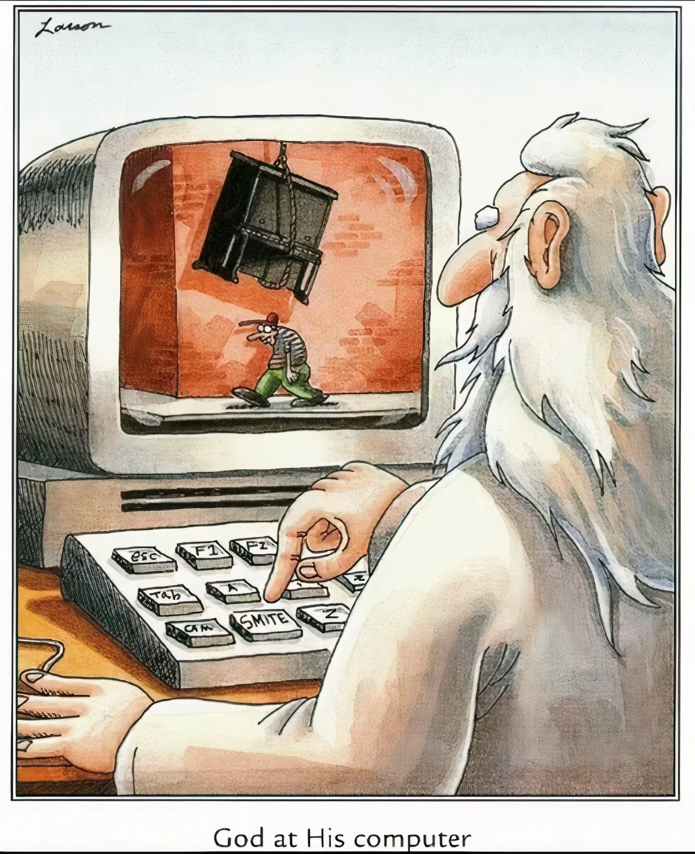 Dios usa una computadora para golpear a alguien en The Far Side.