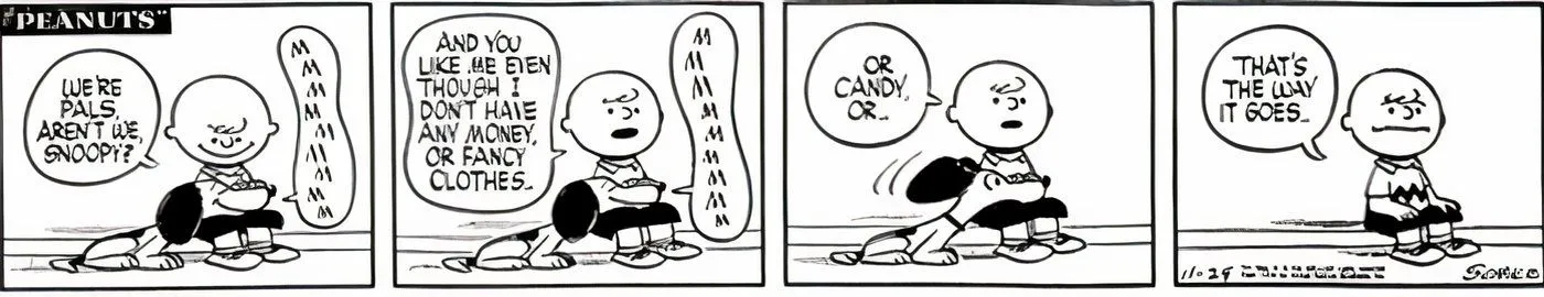 Charlie Brown sitzt mit Snoopy in Peanuts.