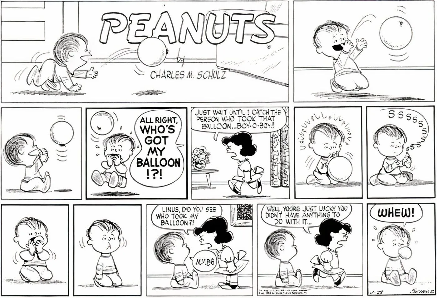 Linus verschluckt Lucys Ballon, bevor sie ihn in Peanuts damit erwischt.