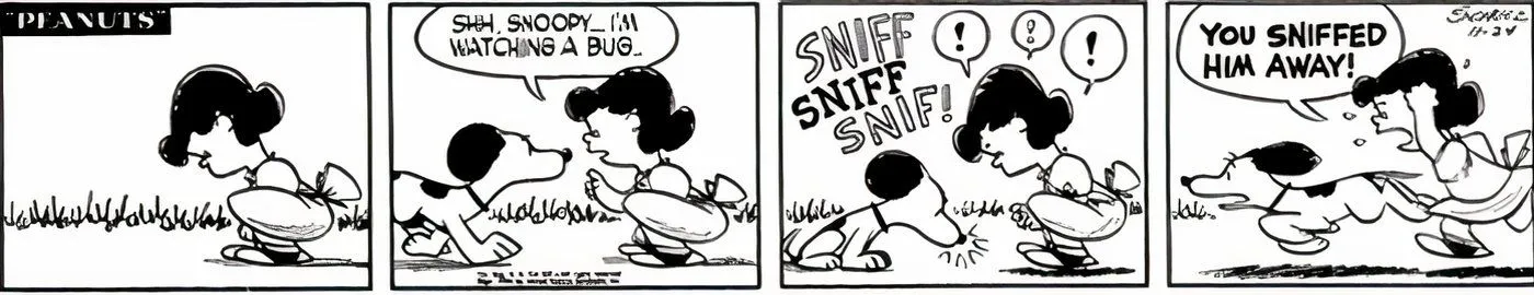 Lucy ist sauer auf Snoopy, weil er einen Käfer erschnüffelt.