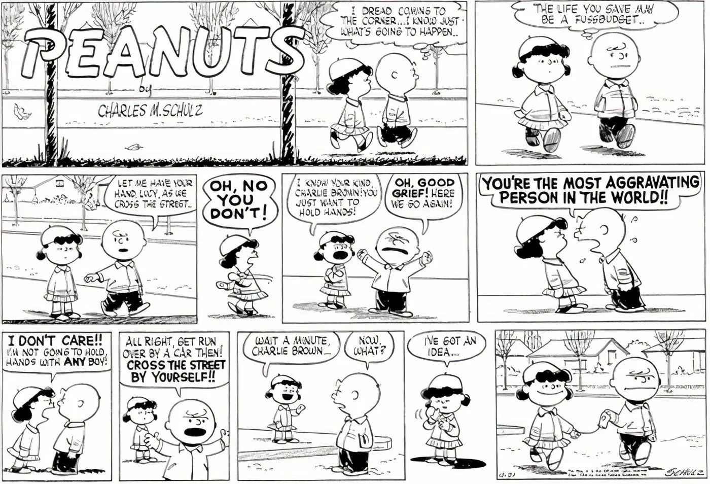 In „Peanuts“ überqueren Charlie Brown und Lucy gemeinsam die Straße.