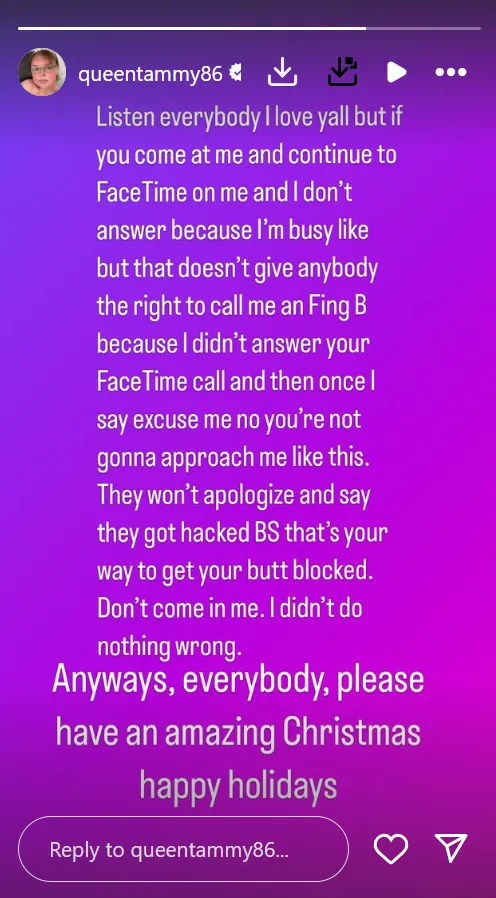 Tammy Slaton Instagram 故事透過 FaceTime 與粉絲解決她的問題。