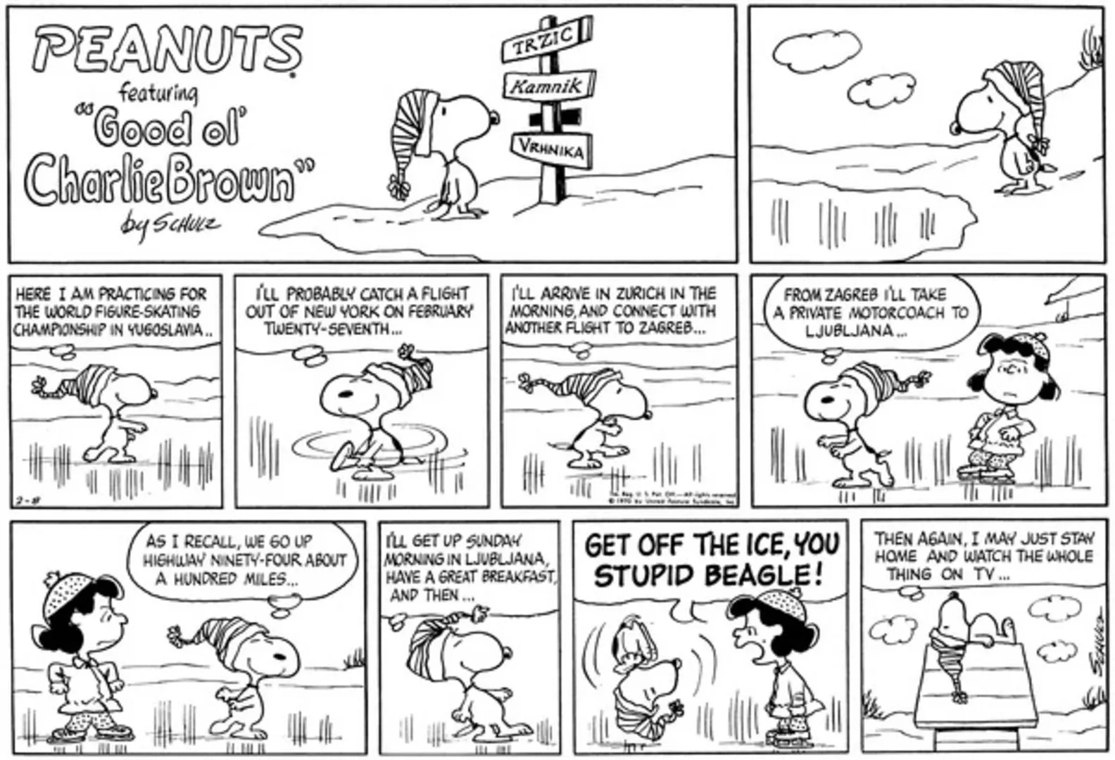 Peanuts-Streifen: Lucy schreit Snoopy auf der Eislaufbahn an.