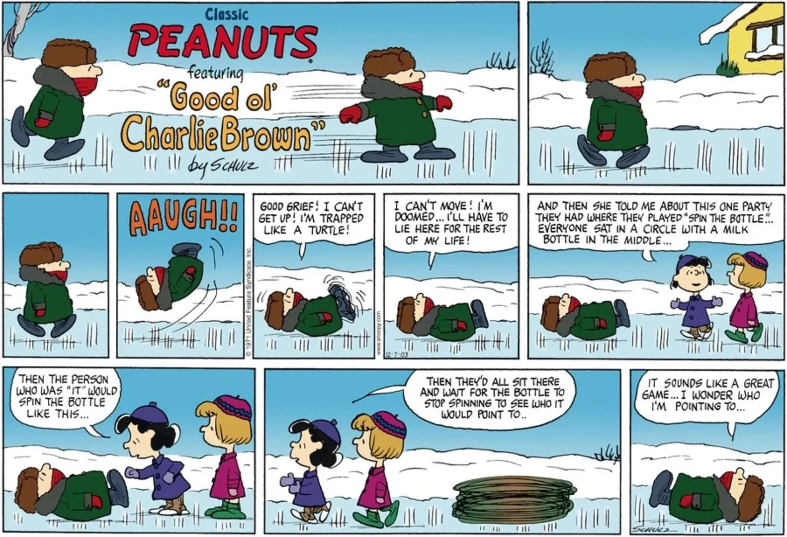 Peanuts-Streifen: Charlie Brown wird auf dem Eis herumgewirbelt.