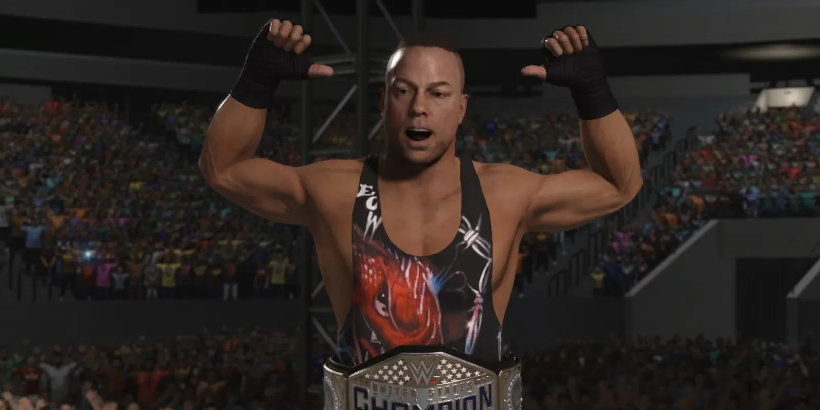 WWE2K24 슈퍼스타 Rob Van Dam이 챔피언십을 축하하는 게임 내 장면