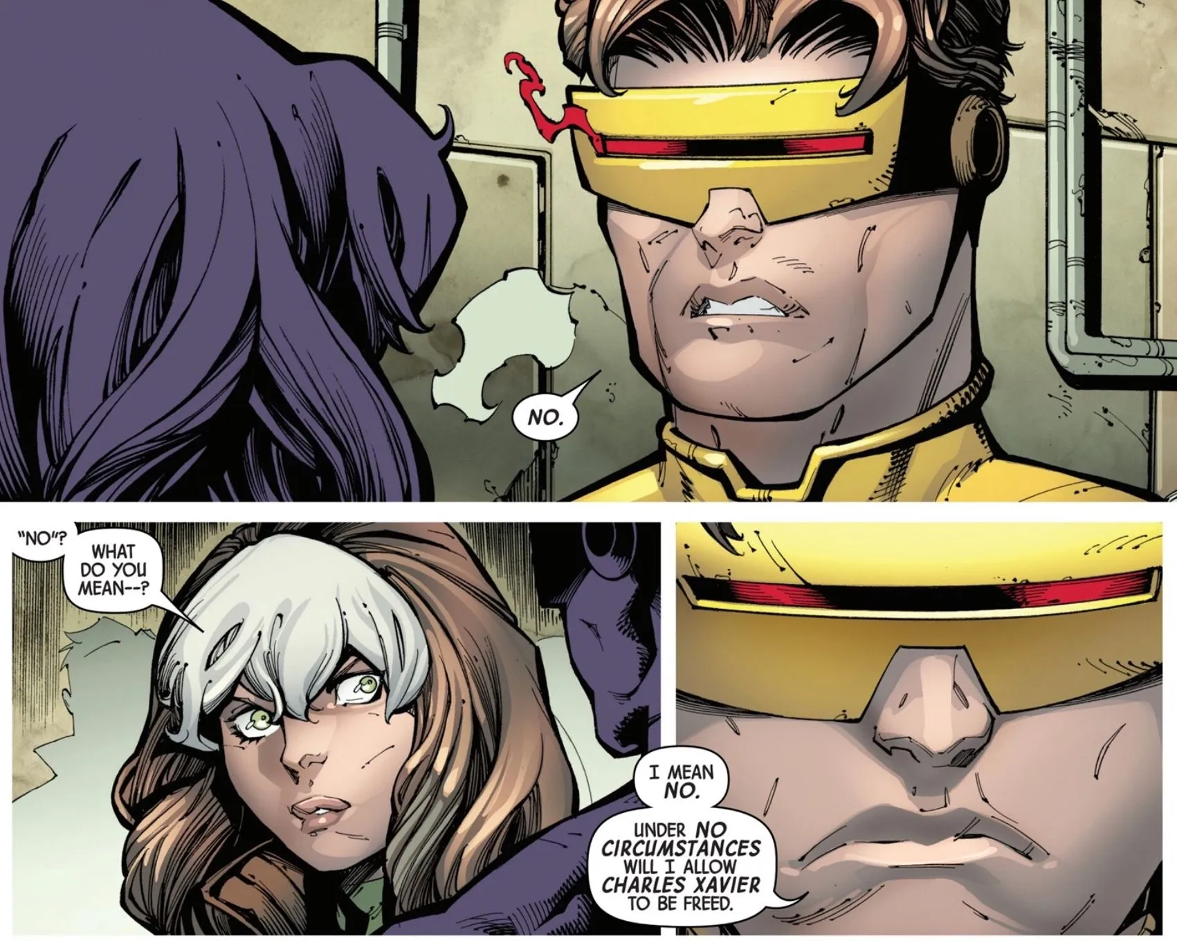 X-Men Nr. 9: Cyclops sagt Rogue, dass er ihnen nicht die Freiheit von Professor Charles Xavier erlauben wird.