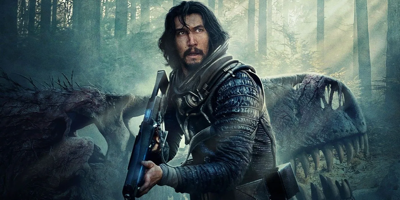 Mills (Adam Driver) tenant un fusil dans la forêt près d'un crâne de T-rex sur l'affiche de 65