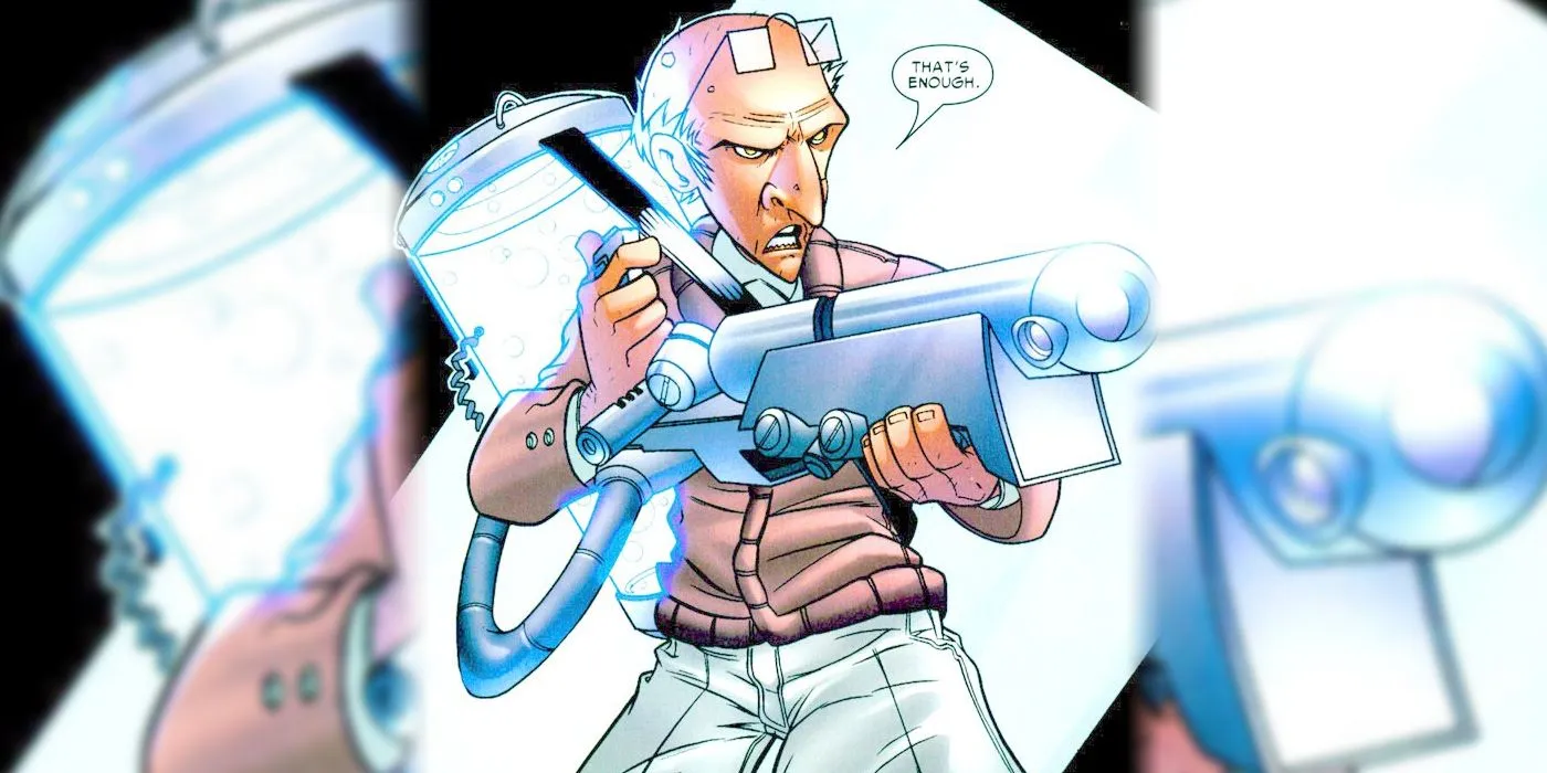 Tinkerer points a large gun in a Marvel comic